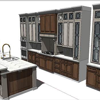 13简欧式美式田园地中海中岛橱柜吧椅整体橱柜组合sketchup草图模型下载