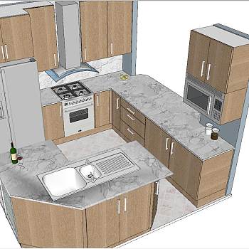 17现代北欧厨房橱柜组合冰箱微波炉sketchup草图模型下载