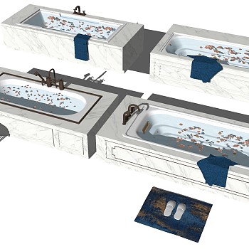 6新中式现代简欧浴缸轻奢装饰品架台灯柜龙头水花瓣毛巾拖鞋SketchUp草图模型下载