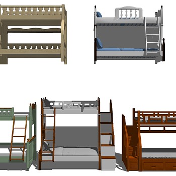 23欧式法式新中式实木上下床铺 儿童床sketchup草图模型下载