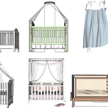 12欧式法式北欧简约儿童床婴儿床床幔组合sketchup草图模型下载