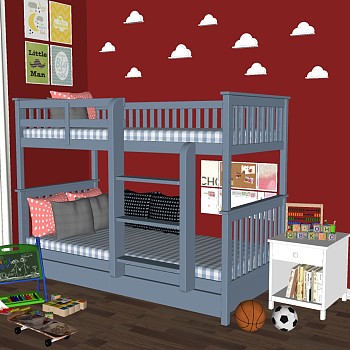 现代实木上下铺儿童床床头柜云朵吊灯玩具组合sketchup草图模型下载