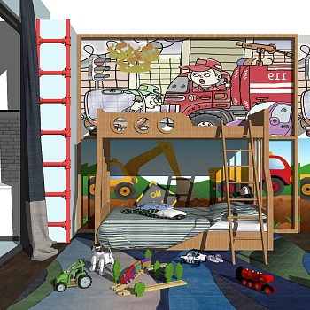 现代实木儿童床上下铺卡通动漫壁纸玩具组合sketchup草图模型下载