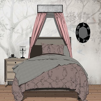 现代女儿房儿童床床幔床头柜模型sketchup草图模型下载