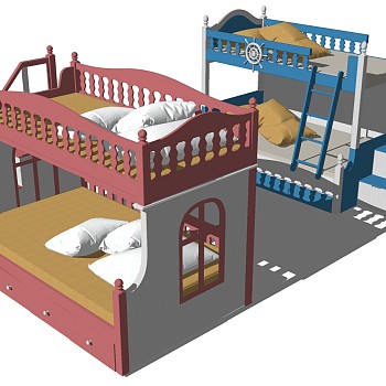 欧式法式实木儿童上下铺实木床 抱枕组合sketchup草图模型下载