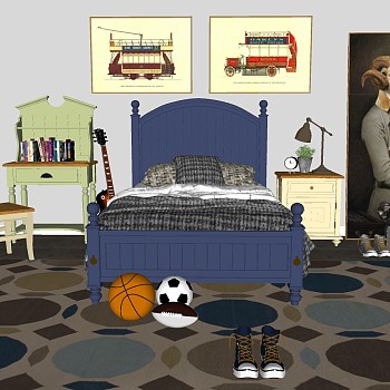 美式法式 儿童床床头柜足球篮球玩具书桌写字台sketchup草图模型下载