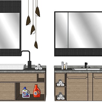 7现代新中式轻奢洗手台洗衣液手巾卫浴用品镜子镜柜SketchUp草图模型下载