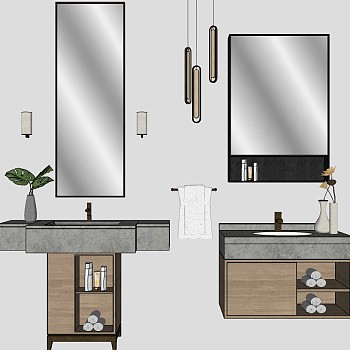 8现代新中式轻奢洗手台毛巾卫浴用品镜子镜柜SketchUp草图模型下载