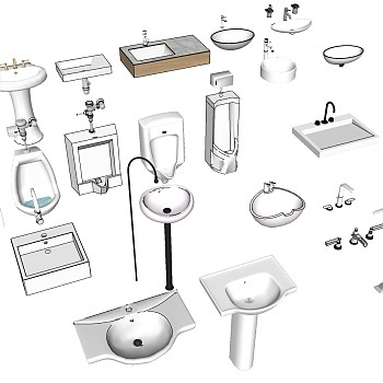 4柱式洗手台现代简易洗手台洗手盆小便斗龙头组合SketchUp草图模型下载