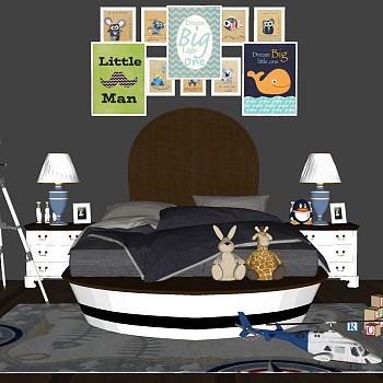 地中海北欧儿童房儿童床床头柜台灯玩具船造型床天文望远镜挂画sketchup草图模型下载