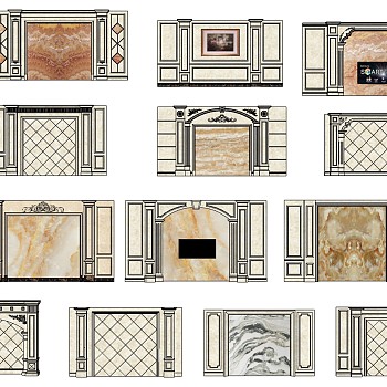 18欧式法式雕花石材拱形罗马柱造型背景墙sketchup草图模型下载
