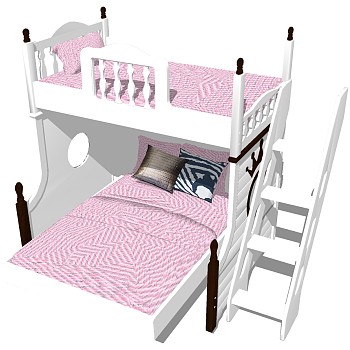 欧式法式美式实木上下铺儿童床高低床sketchup草图模型下载