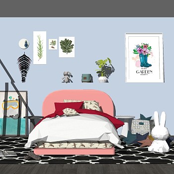 14北欧儿童房儿童床玩具挂画组合sketchup草图模型下载