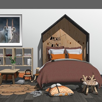 13北欧儿童房儿童床书桌柜子儿童座椅动物造型椅子地毯玩具柜sketchup草图模型下载