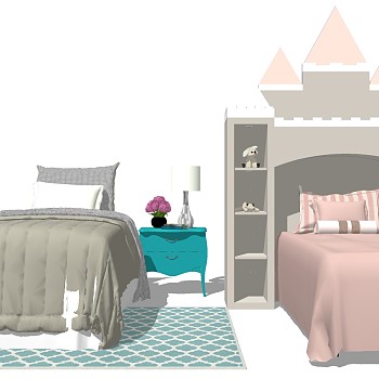 11现代法式美式儿童房儿童床床头柜台灯组合城堡造型书柜床女孩房sketchup草图模型下载