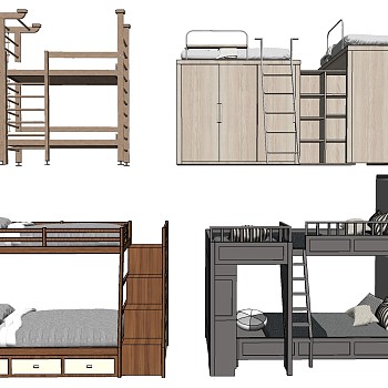 13现代高低床单人床上下铺上下床实木单人床sketchup草图模型下载
