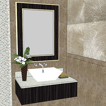 19现代轻奢新中式洗手台龙头铜收边造型镜子SketchUp草图模型下载