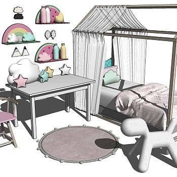 10现代北欧儿童房儿童床彩虹墙饰挂件马玩具桌椅组合公仔架子床布幔sketchup草图模型下载