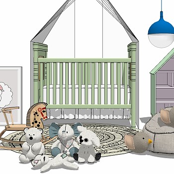 1现代儿童房儿童床玩具吊灯沙发毛绒玩具婴儿床懒人沙发玩具柜sketchup草图模型下载