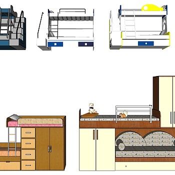 24现代儿童床实木上下床铺 橱柜组合sketchup草图模型下载