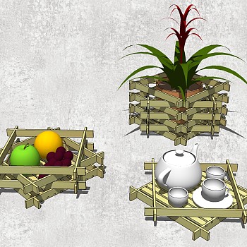 2现代北欧田园异形水果茶具置物架装饰花盆SketchUp草图模型下载