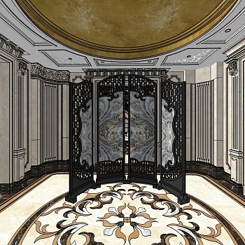 02欧式古典别墅挑高大厅楼梯sketchup草图模型下载