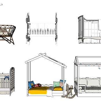 16欧式法式北欧简约实木婴儿床摇篮sketchup草图模型下载