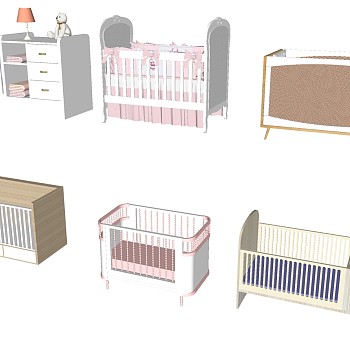 14欧式法式美式北欧简约实木婴儿床摇篮sketchup草图模型下载
