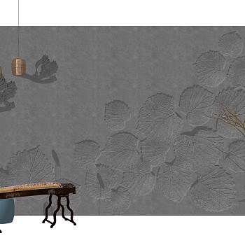 07新中式树叶造型背景墙面古筝花瓶藤编编织吊灯天鹅sketchup草图模型下载
