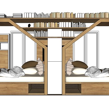 4现代实木单人床书柜储物柜儿童房双人宿舍sketchup草图模型下载