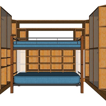 现代实木上下铺高低床宿舍床sketchup草图模型下载