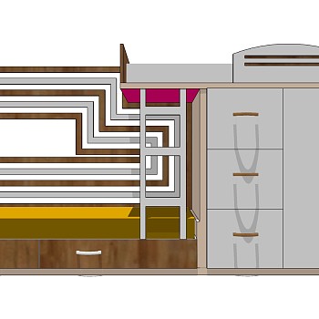 现代北欧实木高低床橱柜组合2sketchup草图模型下载