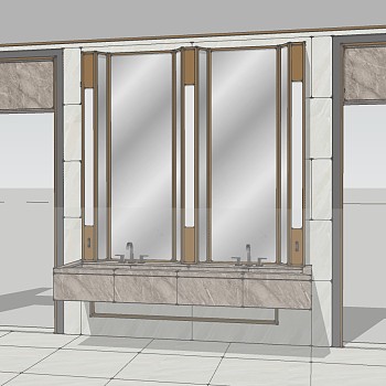18现代简约轻奢公共卫生间石材洗手台铜边造型镜子SketchUp草图模型下载