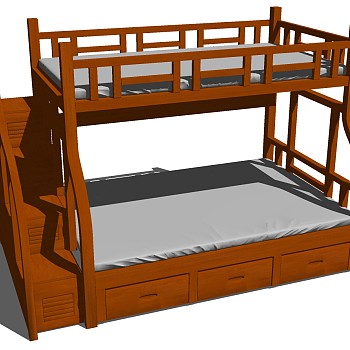 新中式实木上下铺高低床儿童床sketchup草图模型下载