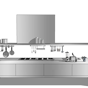 2现代拉丝不锈钢橱柜燃气灶厨具组合金属吊架SketchUp草图模型下载