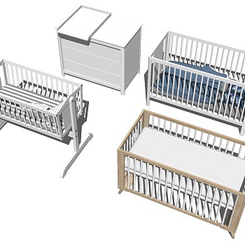 现代实木婴儿床儿童床儿童柜sketchup草图模型下载