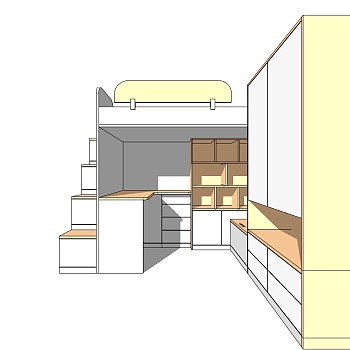 现代实木儿童房上下床储物柜组合sketchup草图模型下载