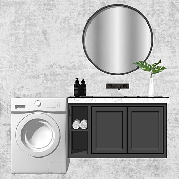 10现代新中式简约洗手台圆形镜子卫浴饰品洗衣机SketchUp草图模型下载