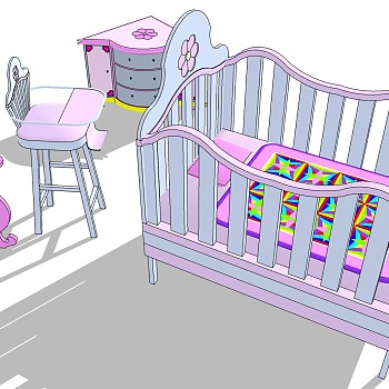 欧式法式美式儿童床女孩房床头柜椅子摇篮婴儿床儿童家具sketchup草图模型下载