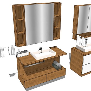 7现代木质洗手台毛巾卷毛巾架方形台上盆置物架镜柜SketchUp草图模型下载