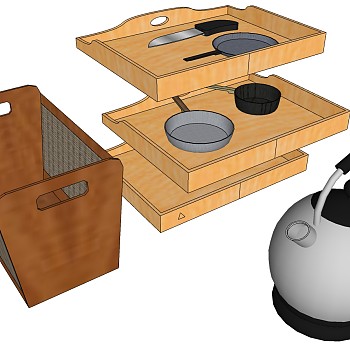 11水壶刀锅木质置物架置物筐厨房组合SketchUp草图模型下载