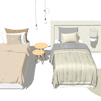 10现代简约单人床桌子吊灯组合sketchup草图模型下载