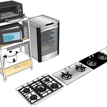 3现代北欧轻奢橱柜烤箱消毒柜置物架燃气灶SketchUp草图模型下载