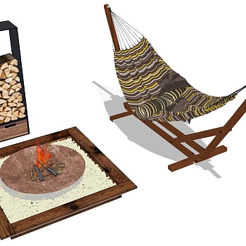 (49)现代庭院景观篝火火焰火堆劈柴柴火吊椅吊床sketchup草图模型下载