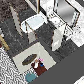 新中式卫生间卫浴洁具浴缸花洒台盆SketchUp草图模型下载
