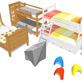 2现代欧式法式实木上下铺单人床椅子组合儿童床sketchup草图模型下载