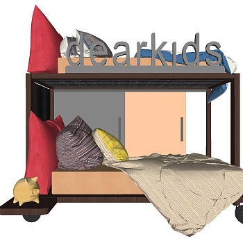 1现代简约儿童房儿童上下铺单人床抱枕组合床sketchup草图模型下载