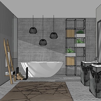 北欧现代卫生间洗手间浴缸毛巾架柱状台盆SketchUp草图模型下载