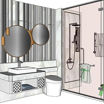 北欧现代卫生间洗手间花洒玻璃隔断SketchUp草图模型下载