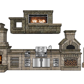 (15)欧式石头墙壁炉火炉烧烤炉sketchup草图模型下载